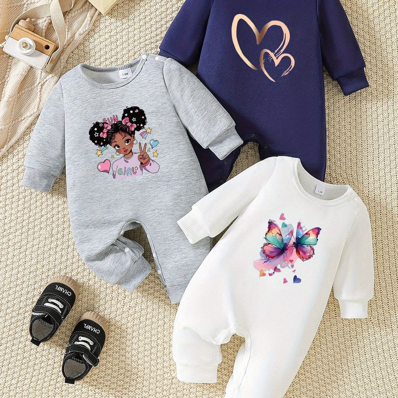 3-Pack Baby Girls' Cartoon Print Rompers, Long Sleeve Knit Polyester Casual Onesies with Snap Closure, Round Neck, Loose Fit for Spring/Autumn, for Outdoor