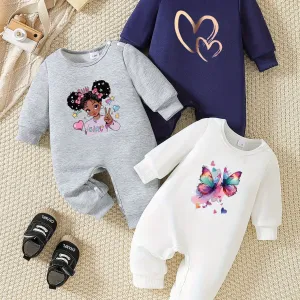 3-Pack Baby Girls' Cartoon Print Rompers, Long Sleeve Knit Polyester Casual Onesies with Snap Closure, Round Neck, Loose Fit for Spring/Autumn, for Outdoor