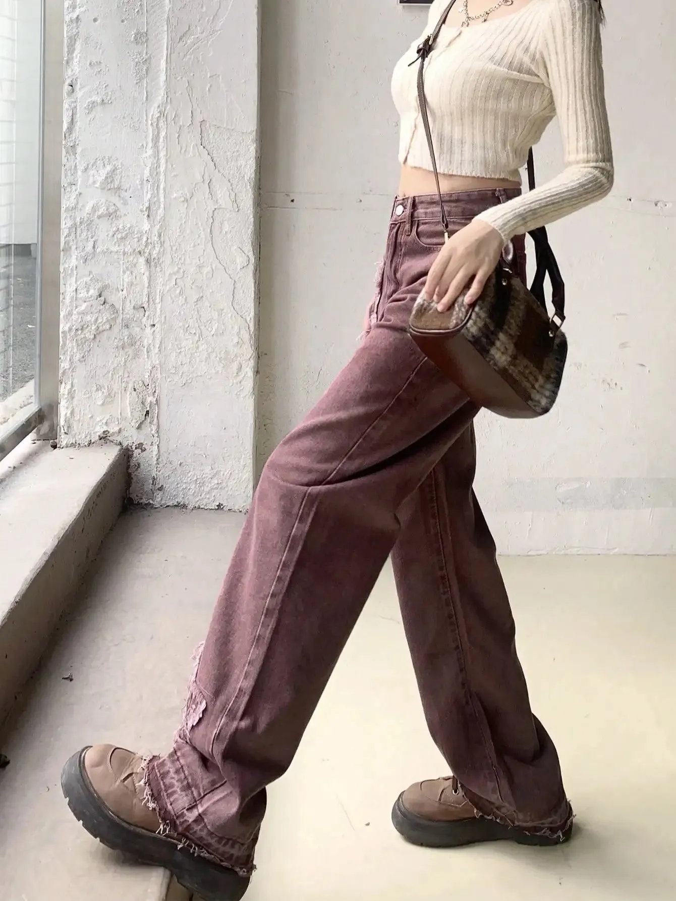 American Retro Ripped Wide Legs 2024 New Women's Autum Fashion Trendy Narrow Straight Pants