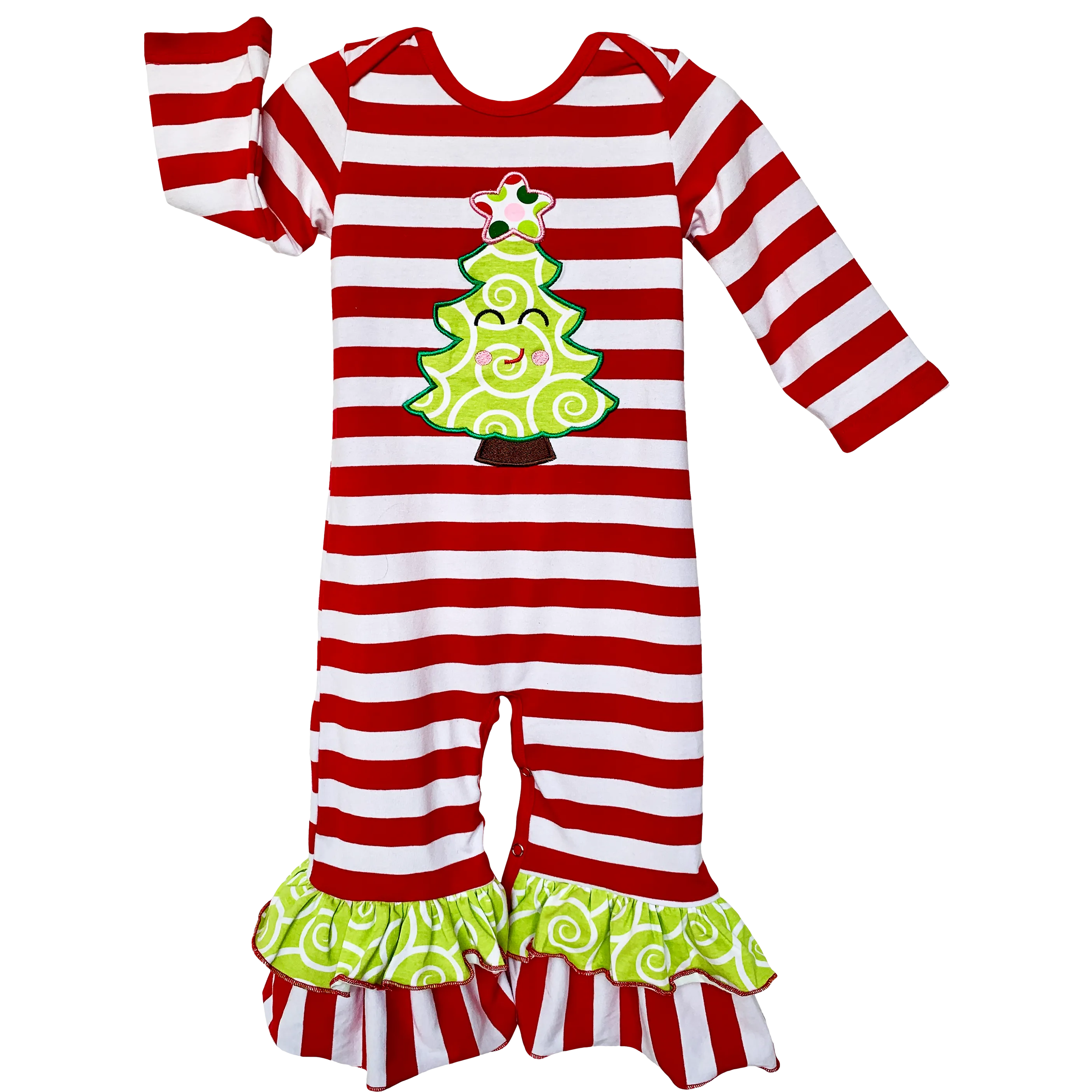 AnnLoren Baby Girls Boutique Happy Christmas Tree Red Striped Romper