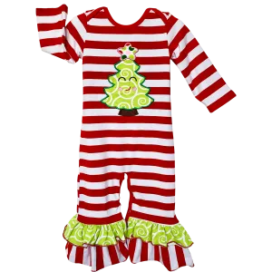 AnnLoren Baby Girls Boutique Happy Christmas Tree Red Striped Romper