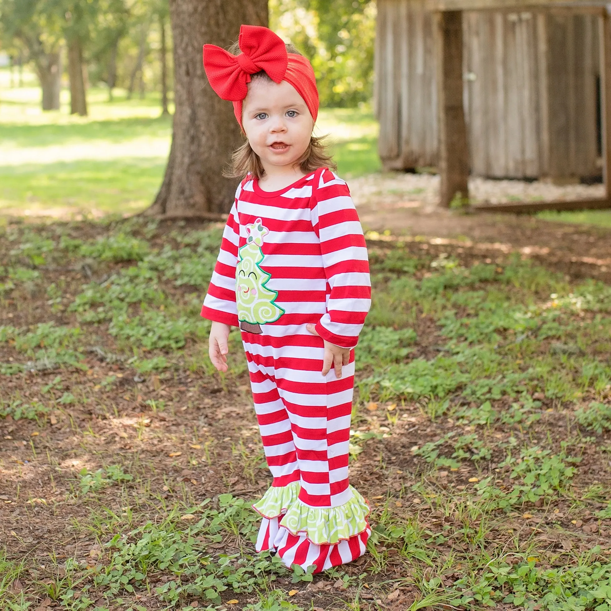 AnnLoren Baby Girls Boutique Happy Christmas Tree Red Striped Romper