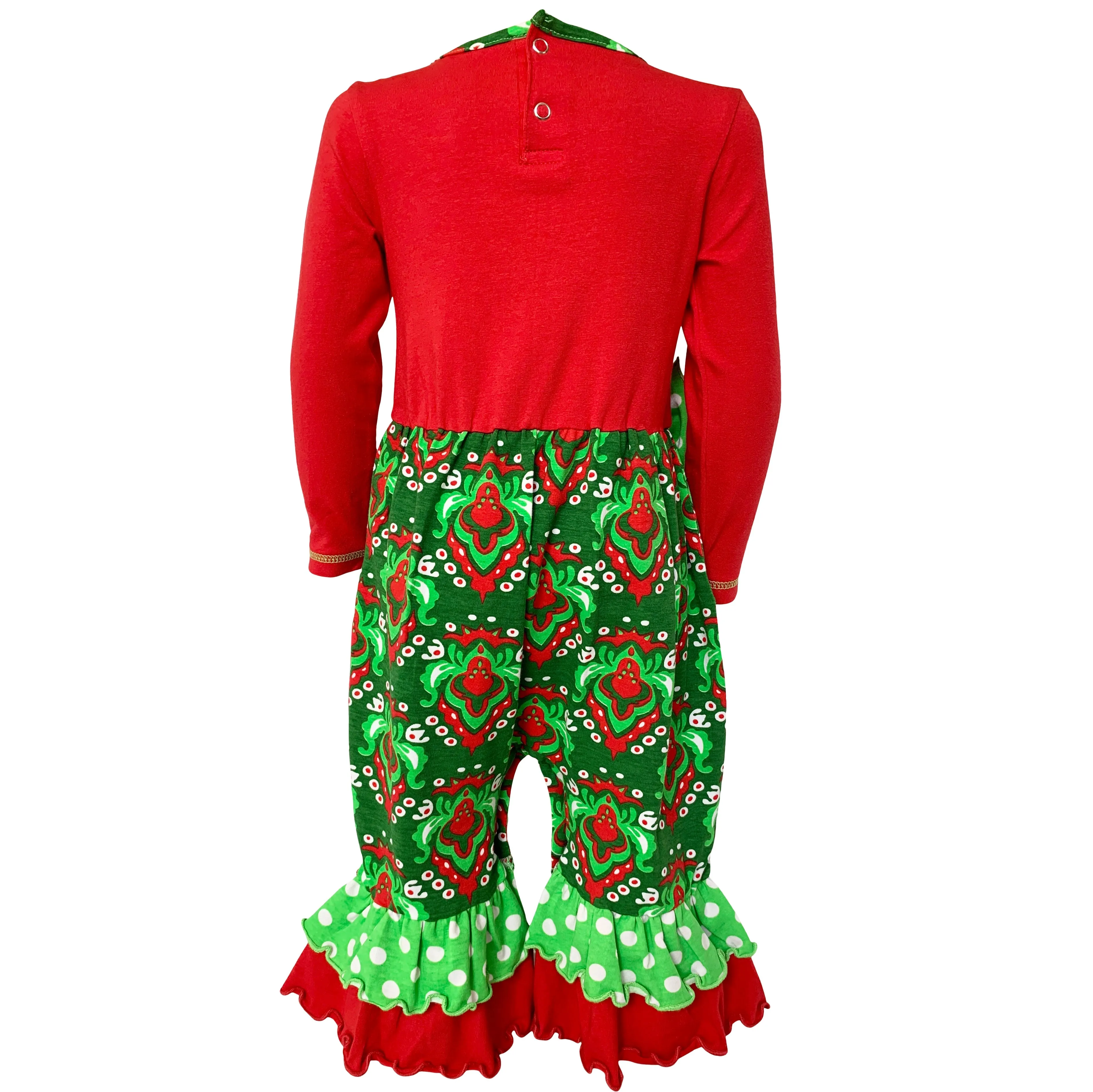 AnnLoren Baby Girls Boutique Red Green Damask Christmas Tree Rudolph Reindeer Romper