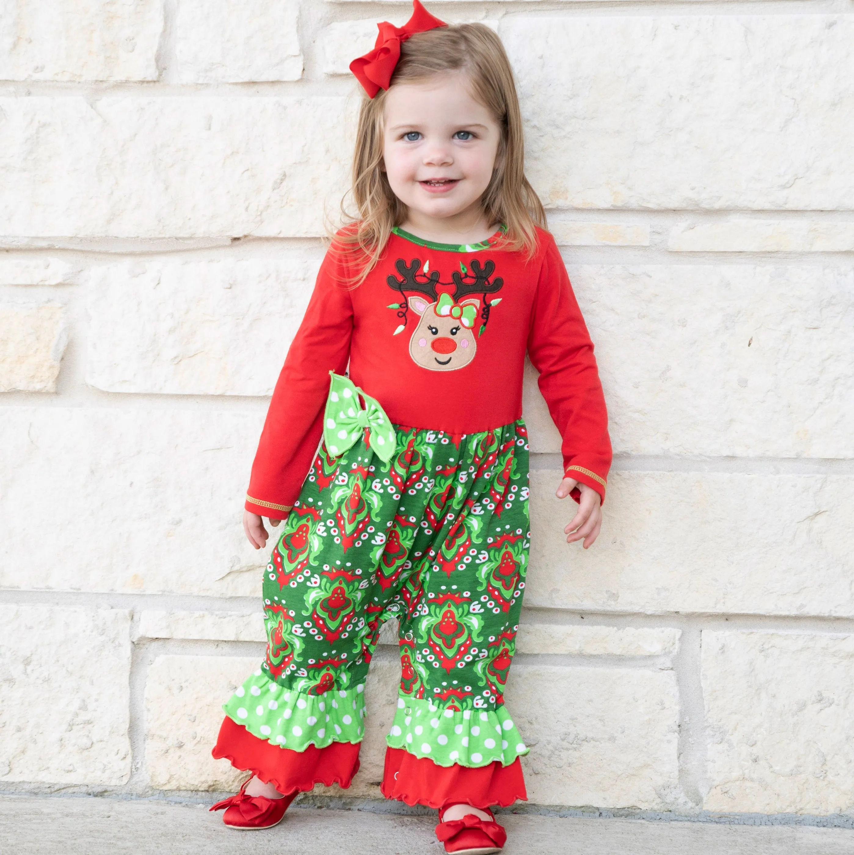 AnnLoren Baby Girls Boutique Red Green Damask Christmas Tree Rudolph Reindeer Romper