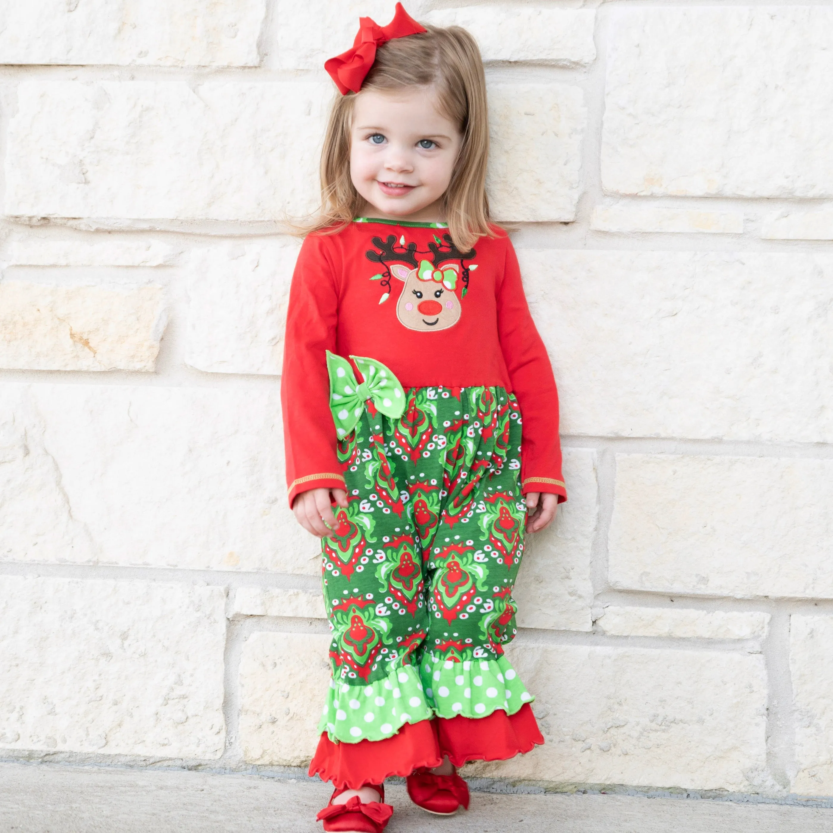AnnLoren Baby Girls Boutique Red Green Damask Christmas Tree Rudolph Reindeer Romper