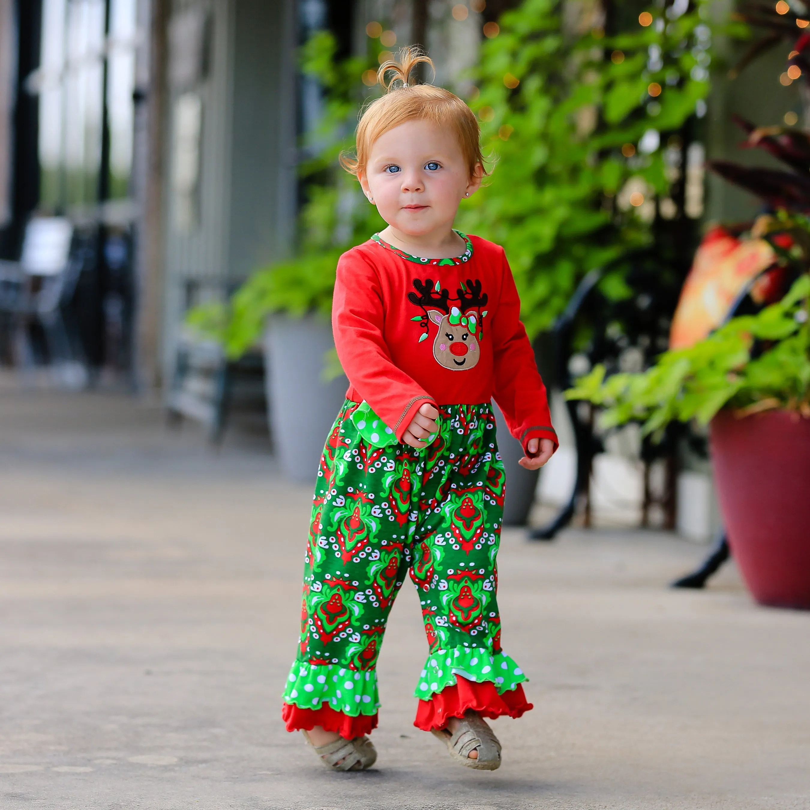 AnnLoren Baby Girls Boutique Red Green Damask Christmas Tree Rudolph Reindeer Romper
