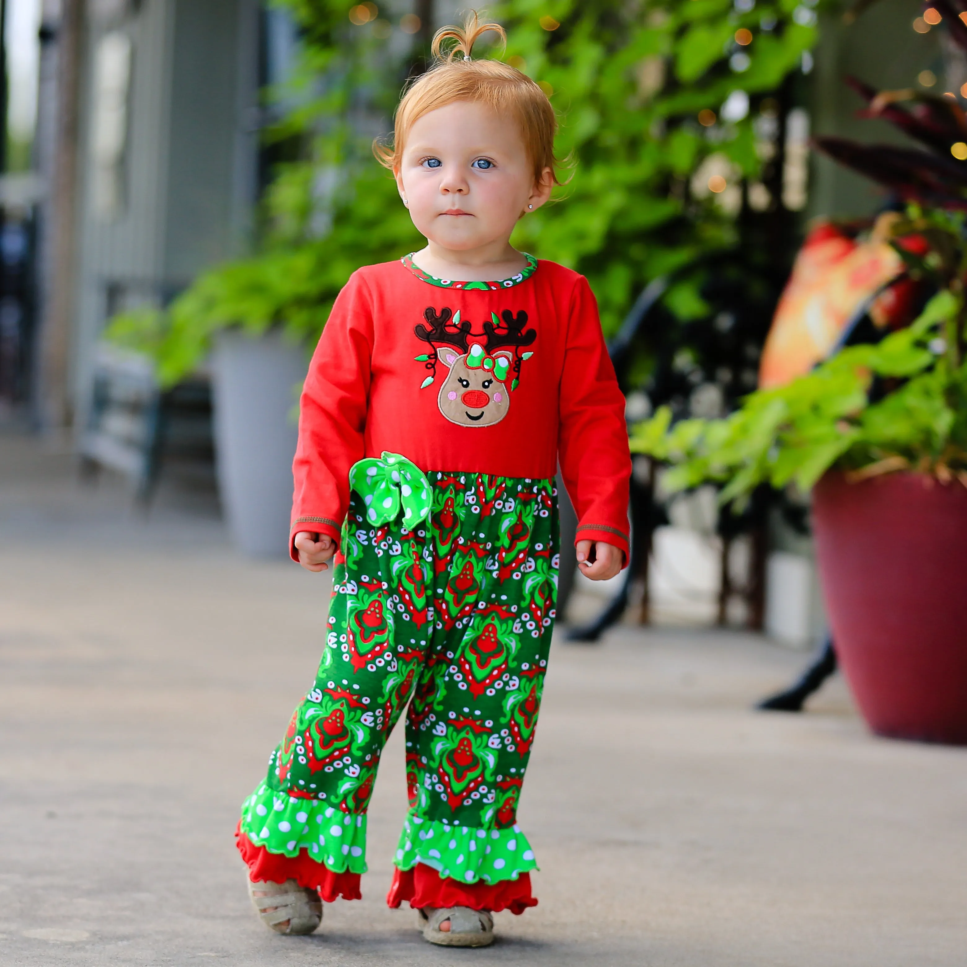 AnnLoren Baby Girls Boutique Red Green Damask Christmas Tree Rudolph Reindeer Romper