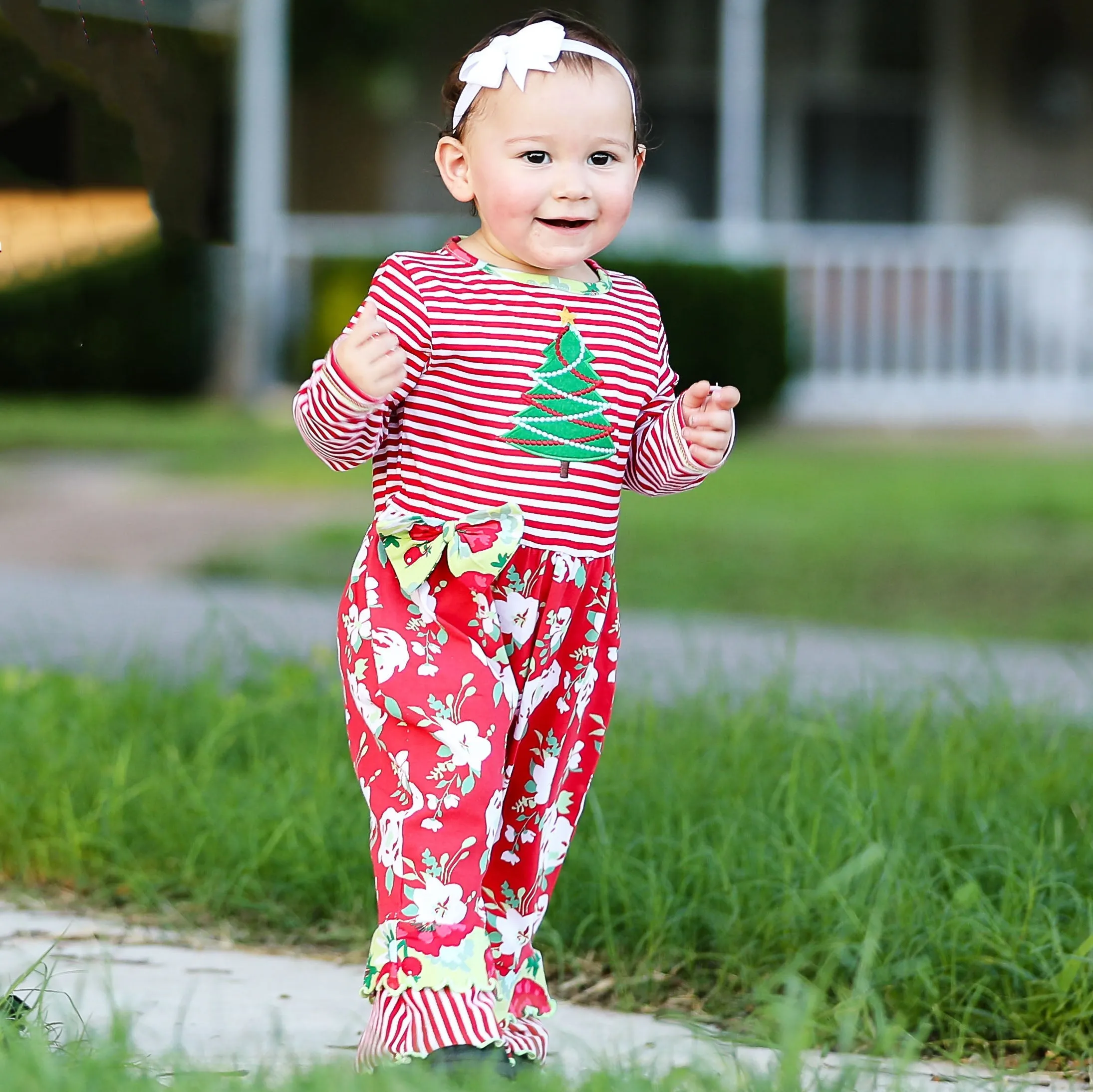 AnnLoren Baby Girls Merry Christmas Tree Holiday Floral Toddler Romper One Piece