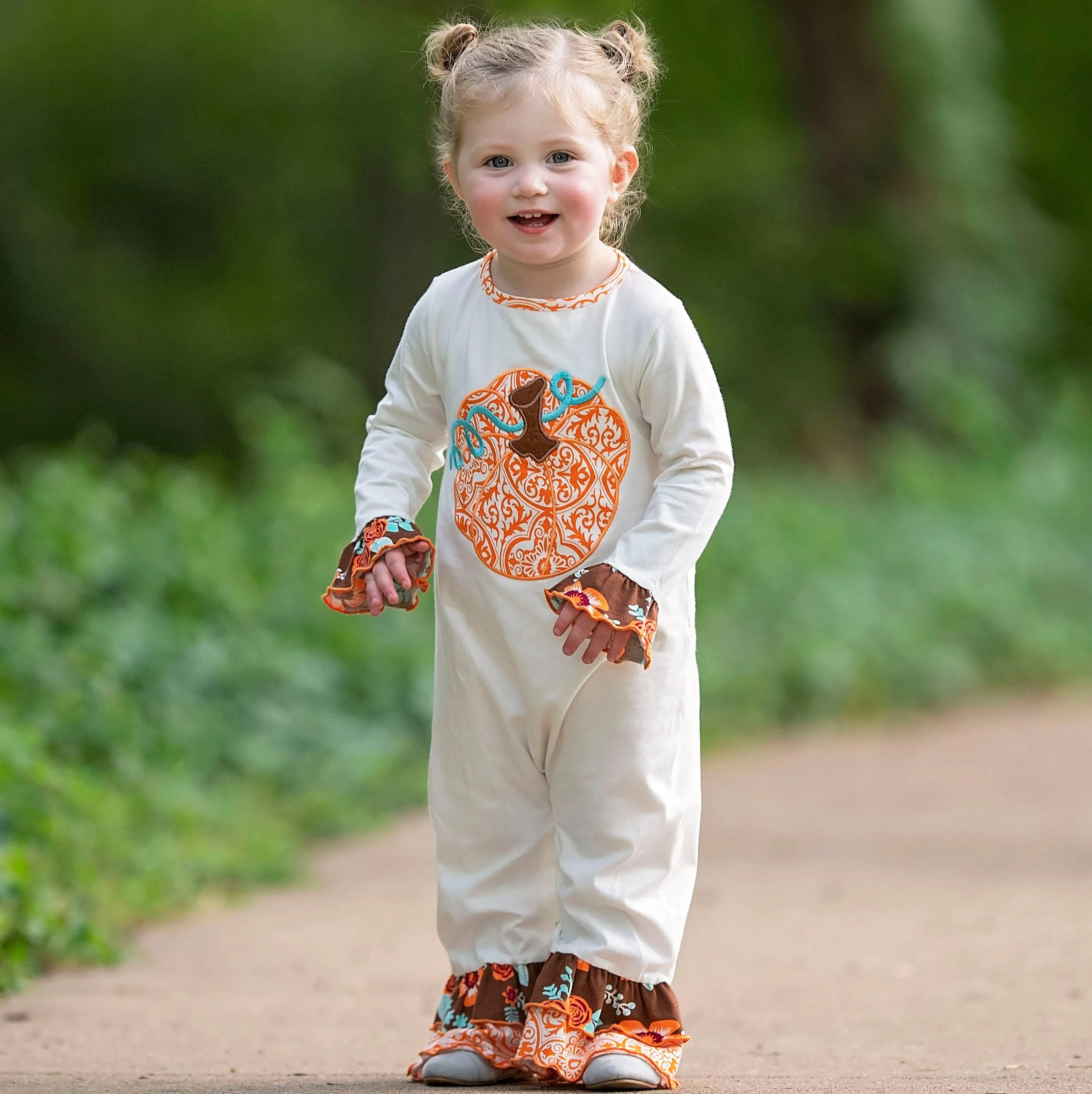 AnnLoren Baby Girls Thanksgiving Fall Orange Pumpkin Romper Size 6 Mo-24 Mo