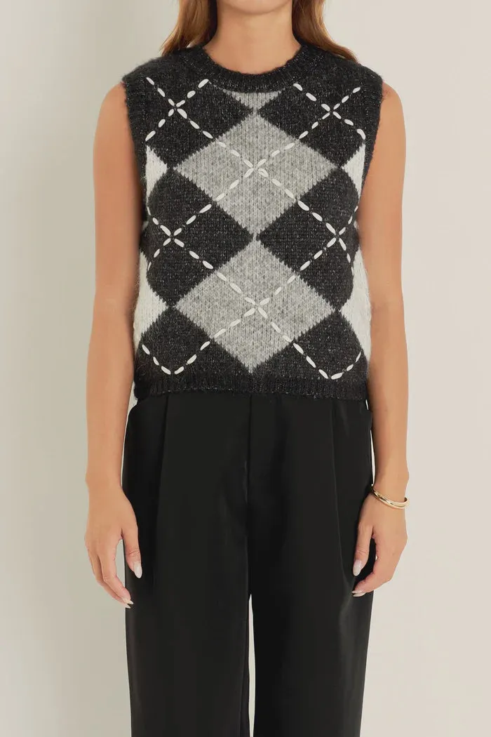 Argyle Pattern Ribbed Sleeveless Vest