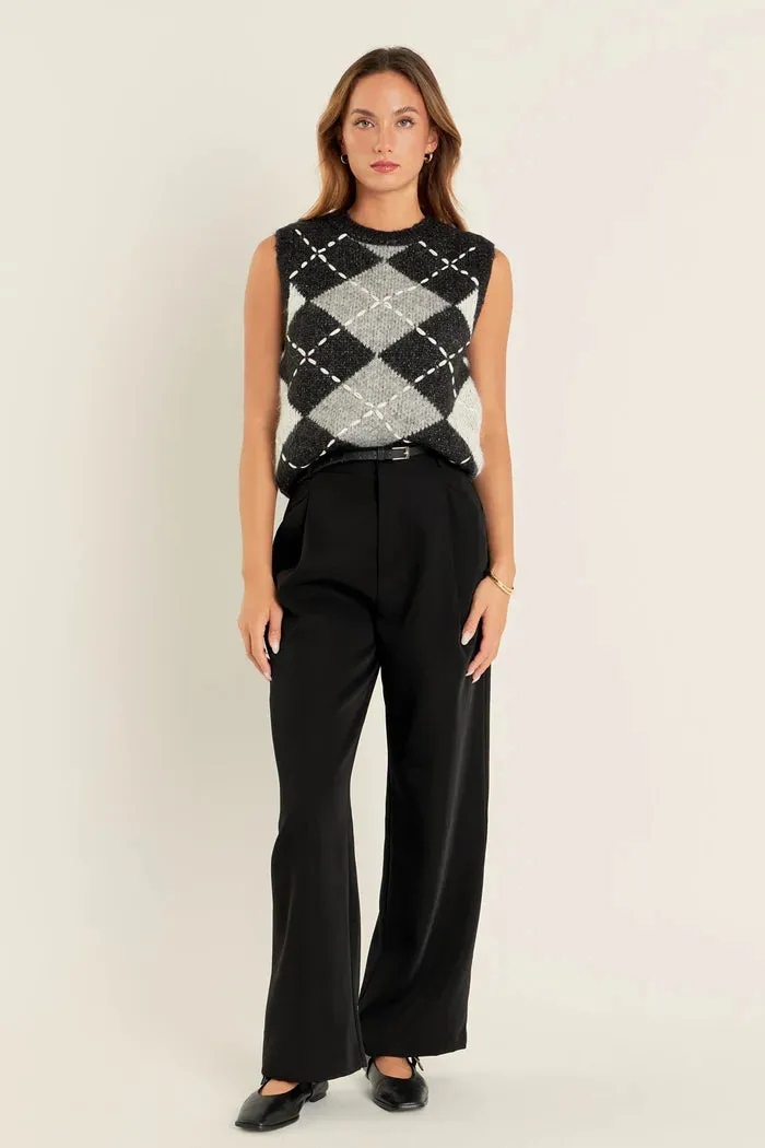 Argyle Pattern Ribbed Sleeveless Vest