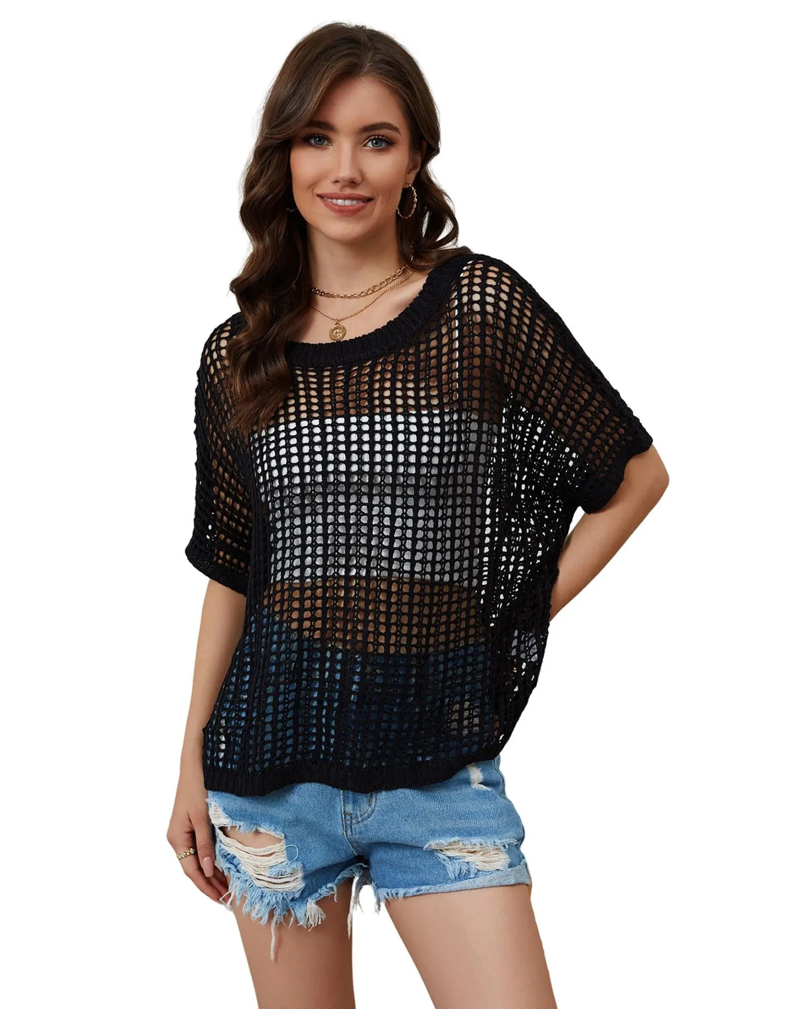 Azura Exchange Fishnet Knit Ribbed Short Sleeve Sweater Tee - L