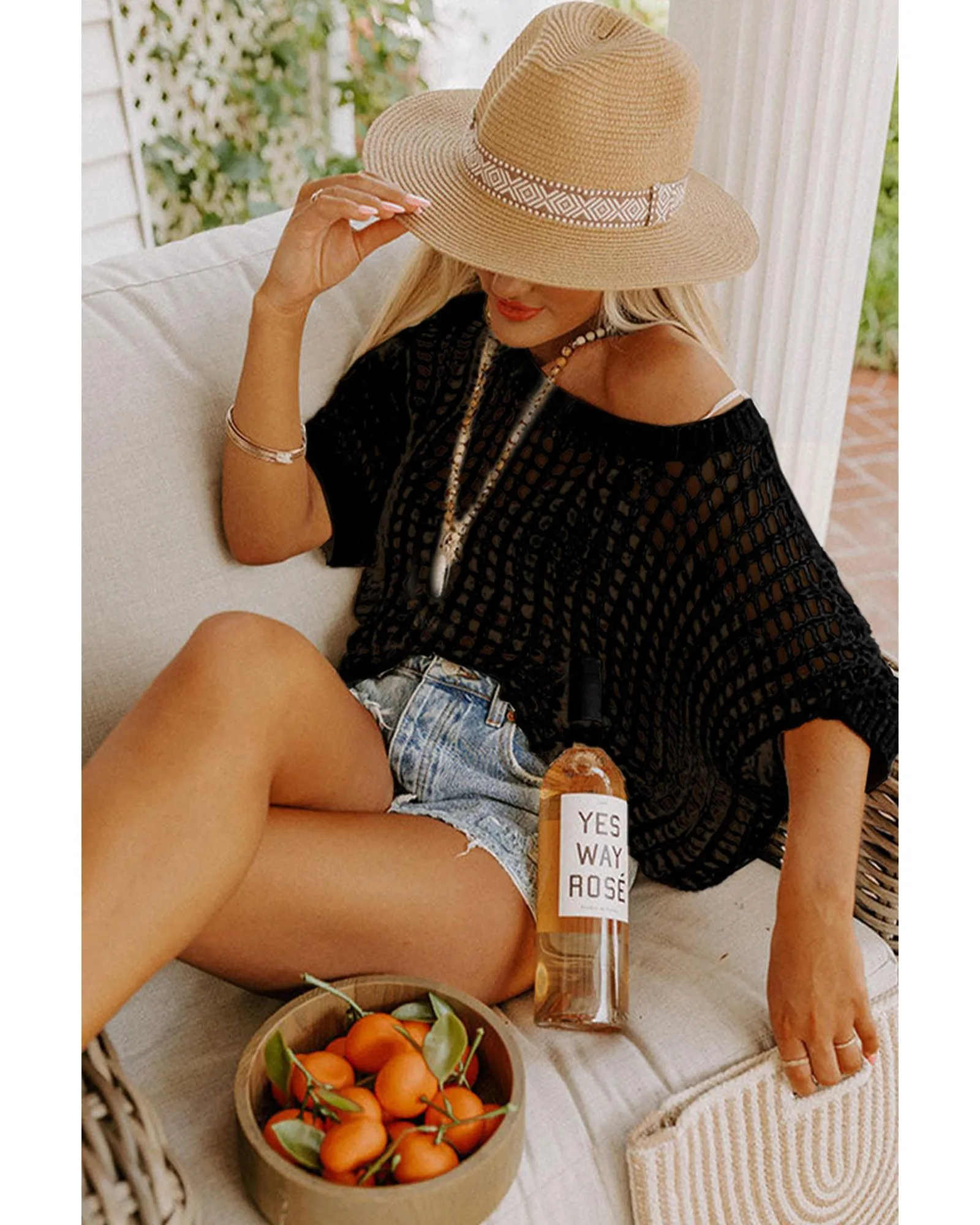 Azura Exchange Fishnet Knit Ribbed Short Sleeve Sweater Tee - L