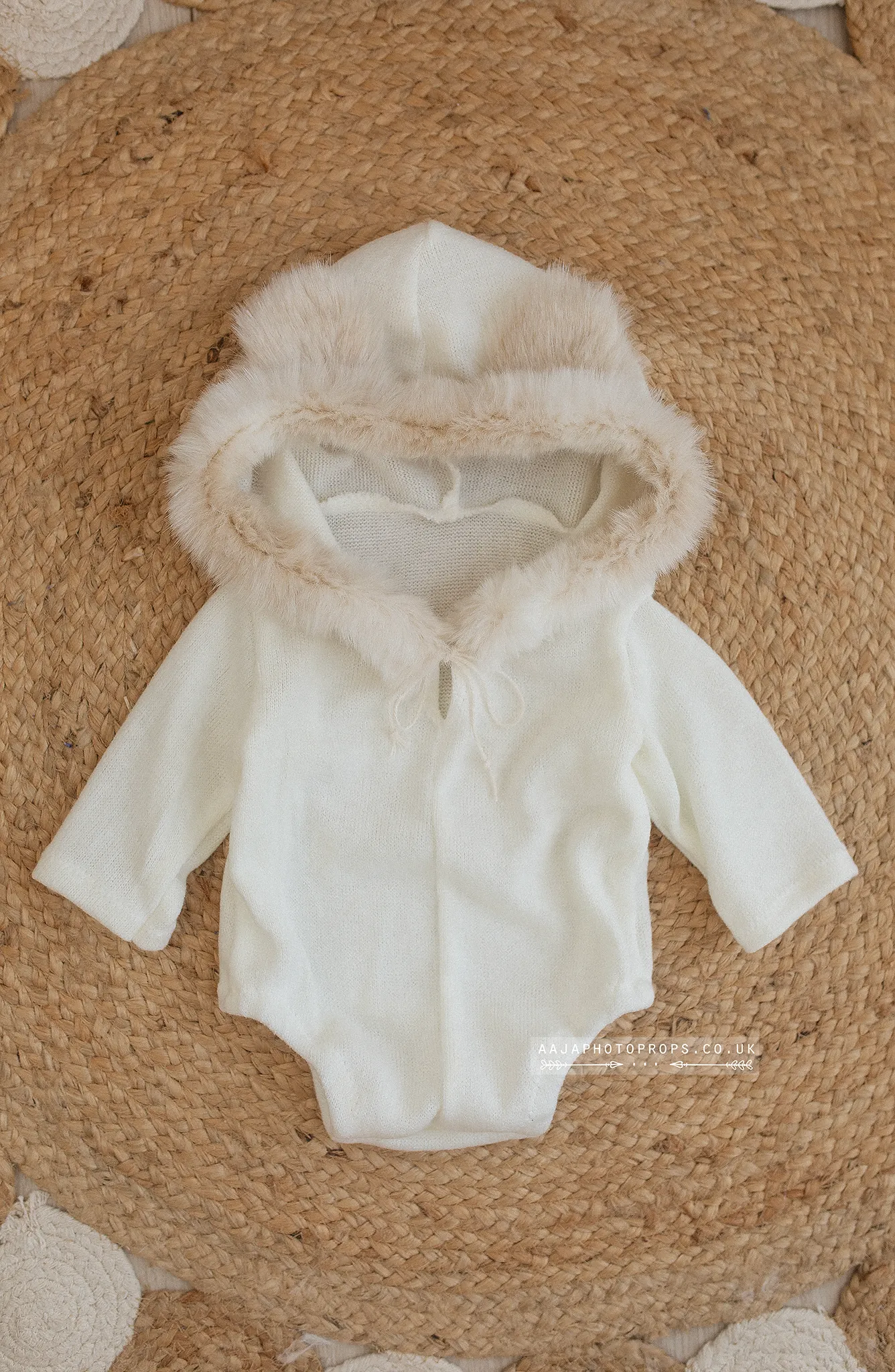 Baby 9-12 months sitter romper, bear, faux fur, hooded, eskimo, Ivory off white, RTS