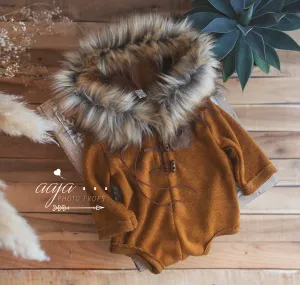 Baby 9-12 months sitter romper, golden yellow, faux fur, hooded, eskimo, made to order