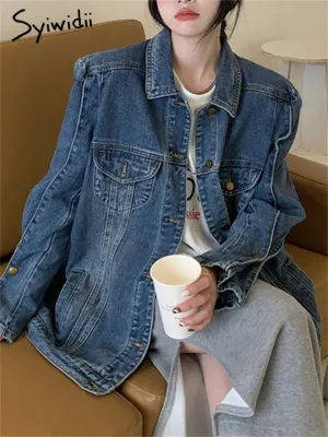BerryBetty - Vintage Jeans Jacket for Women 2024 New Korean Fashion Long Sleeve Turn Down Collar Coats Chic Casual Oversized Jackets