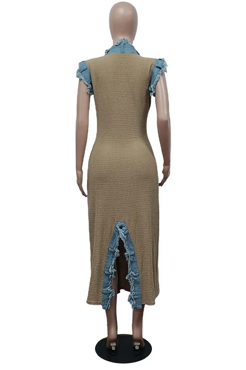 BL625 Deep V Denim Split Maxi Dress