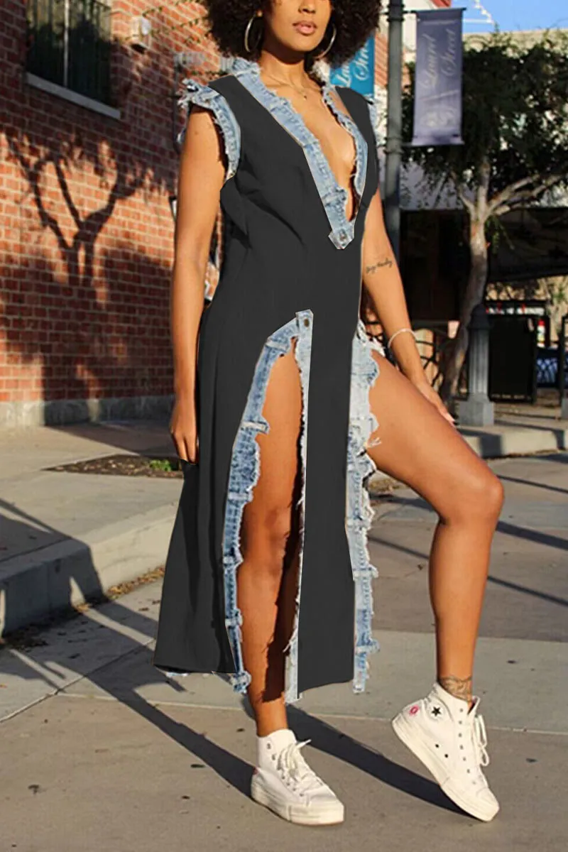 BL625 Deep V Denim Split Maxi Dress