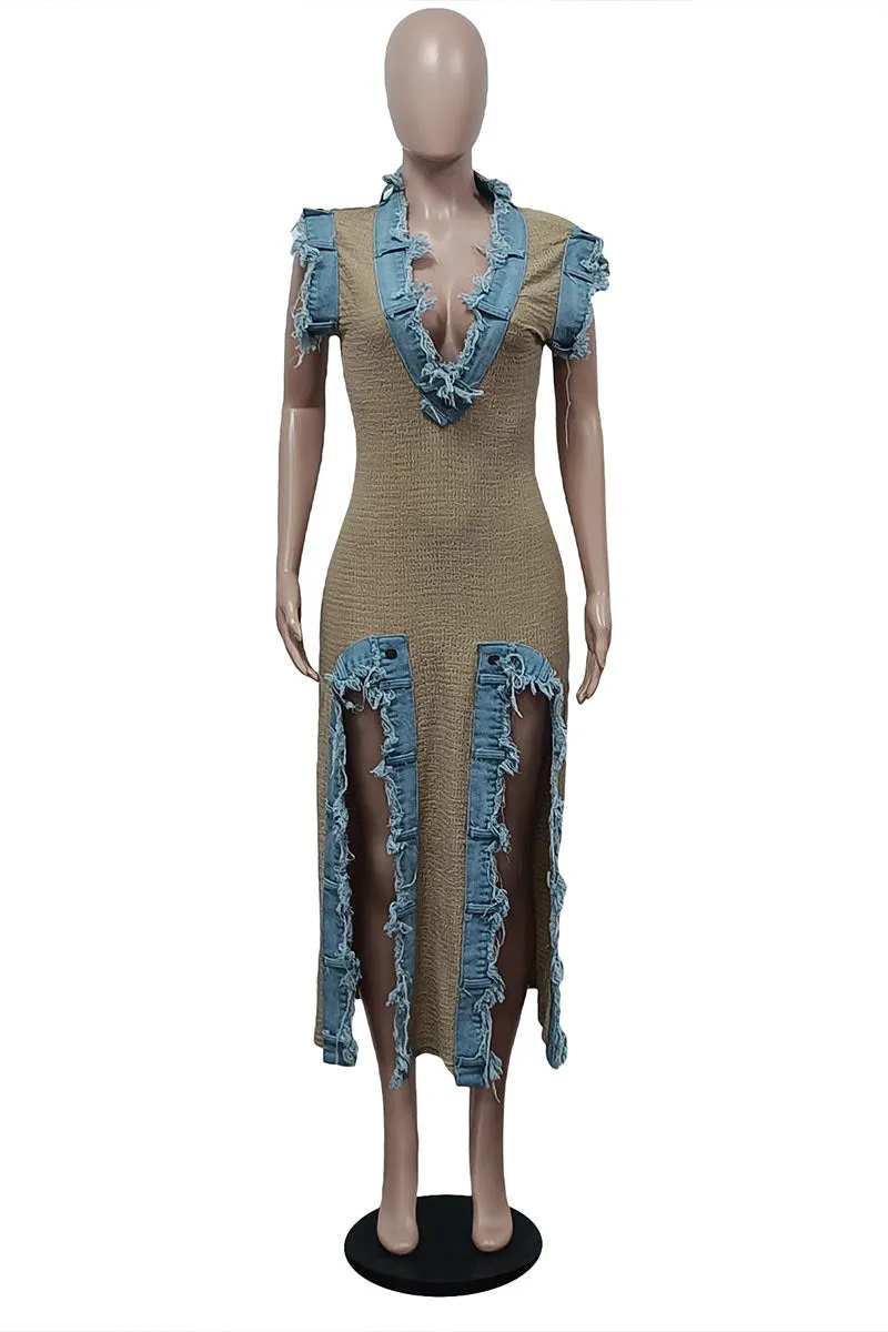 BL625 Deep V Denim Split Maxi Dress