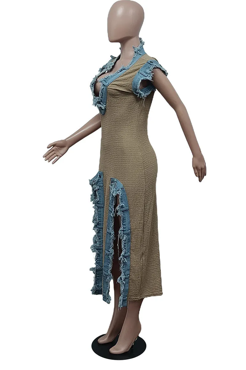 BL625 Deep V Denim Split Maxi Dress