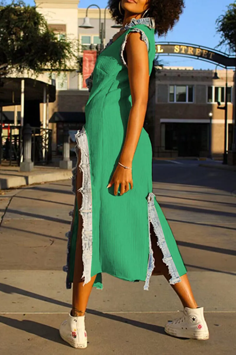 BL625 Deep V Denim Split Maxi Dress