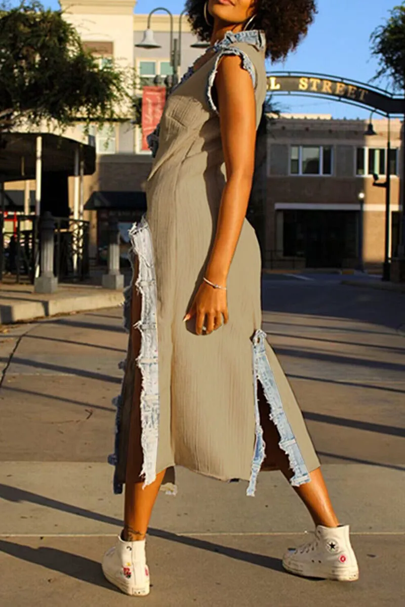 BL625 Deep V Denim Split Maxi Dress