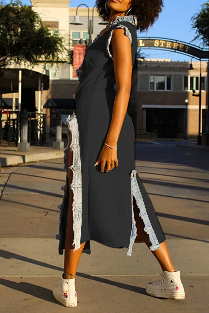 BL625 Deep V Denim Split Maxi Dress
