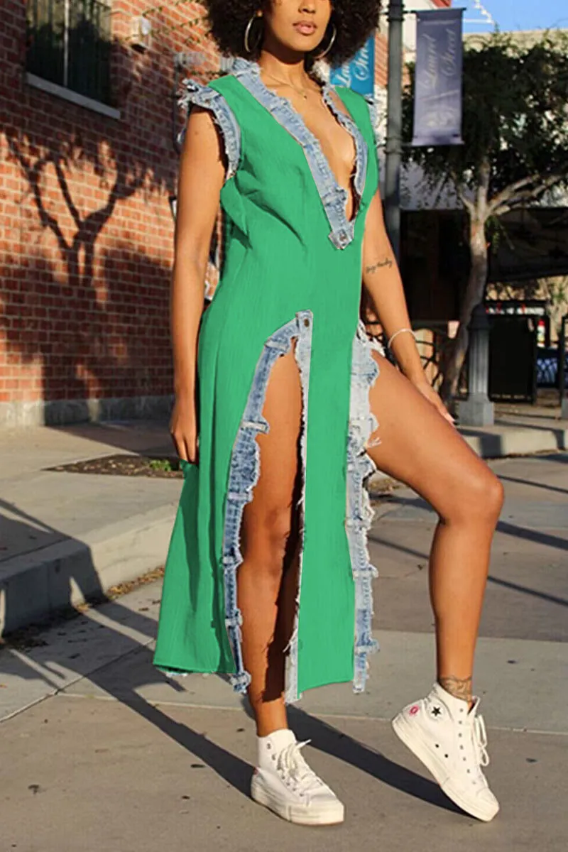 BL625 Deep V Denim Split Maxi Dress