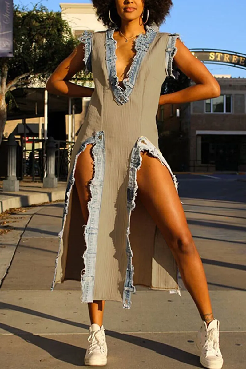 BL625 Deep V Denim Split Maxi Dress