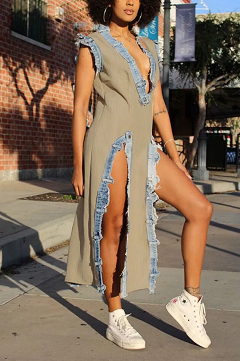 BL625 Deep V Denim Split Maxi Dress