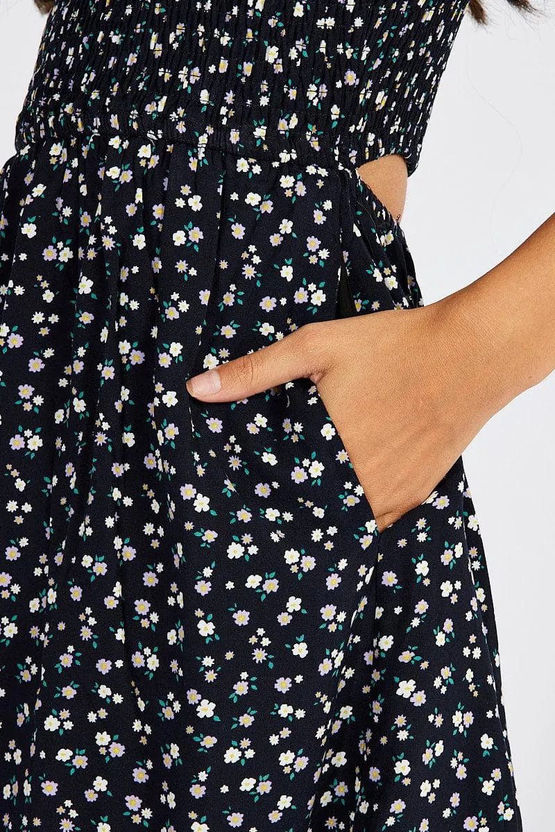 Black Ditsy Shirred Playsuit Sleeveless