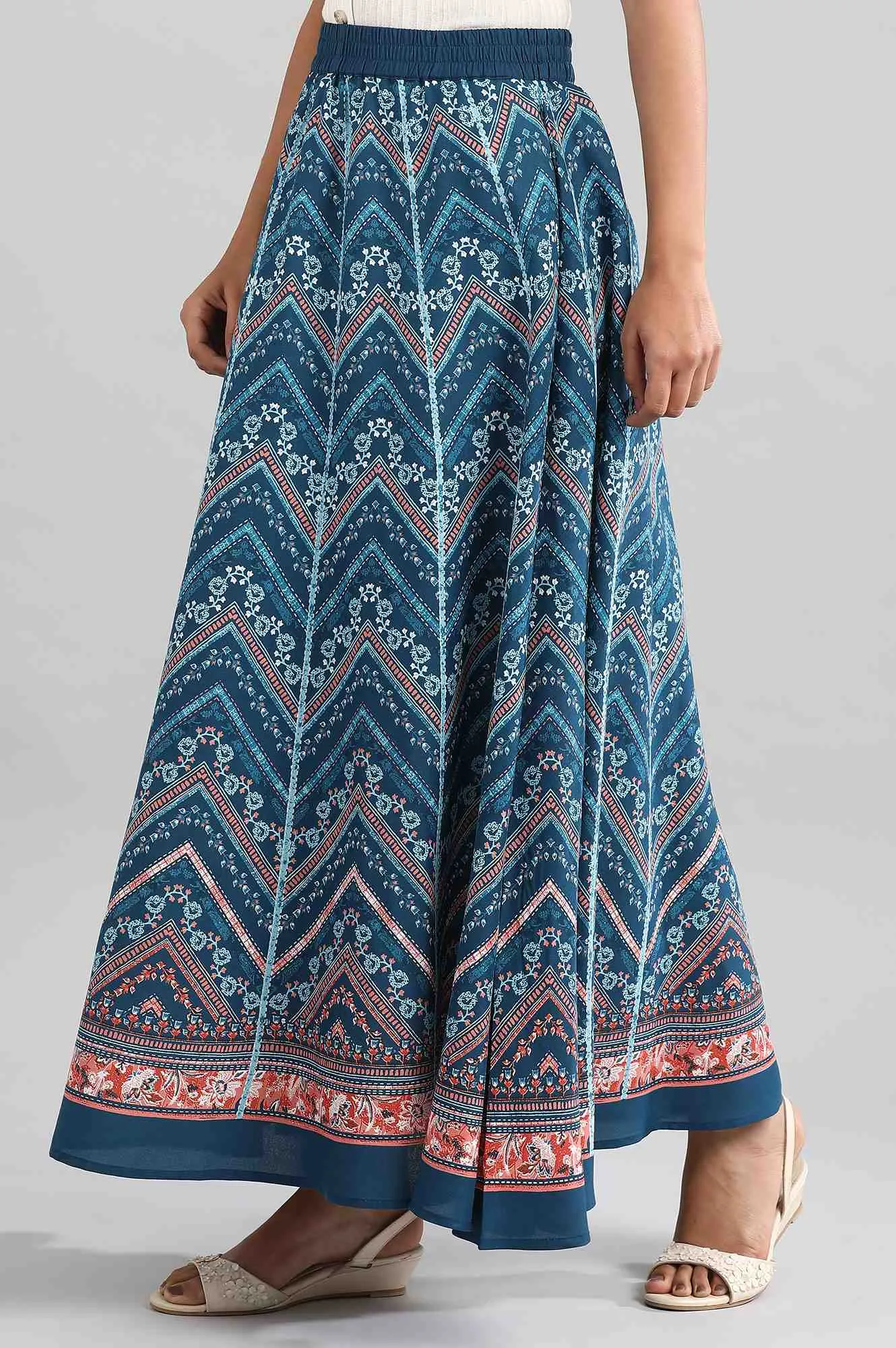 Blue Flared Printed Skirts