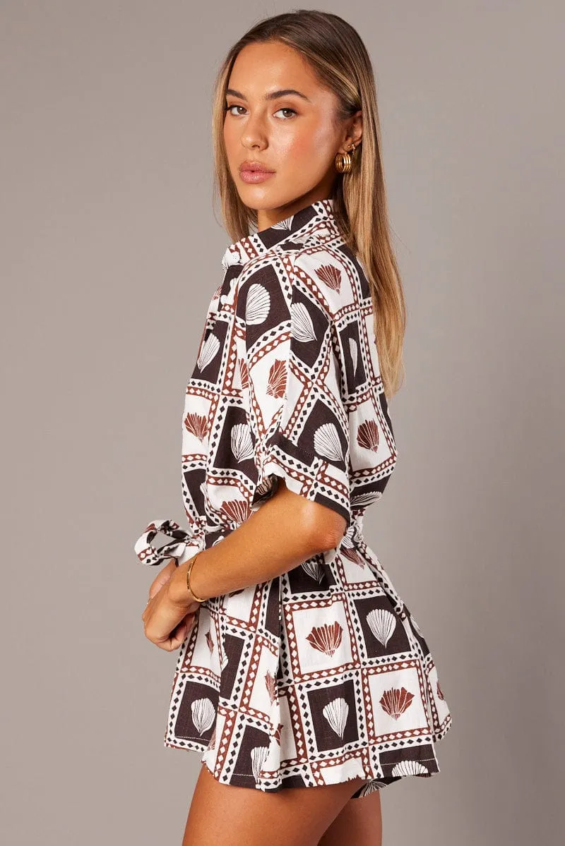 Brown Abstract Oversized Playsuit