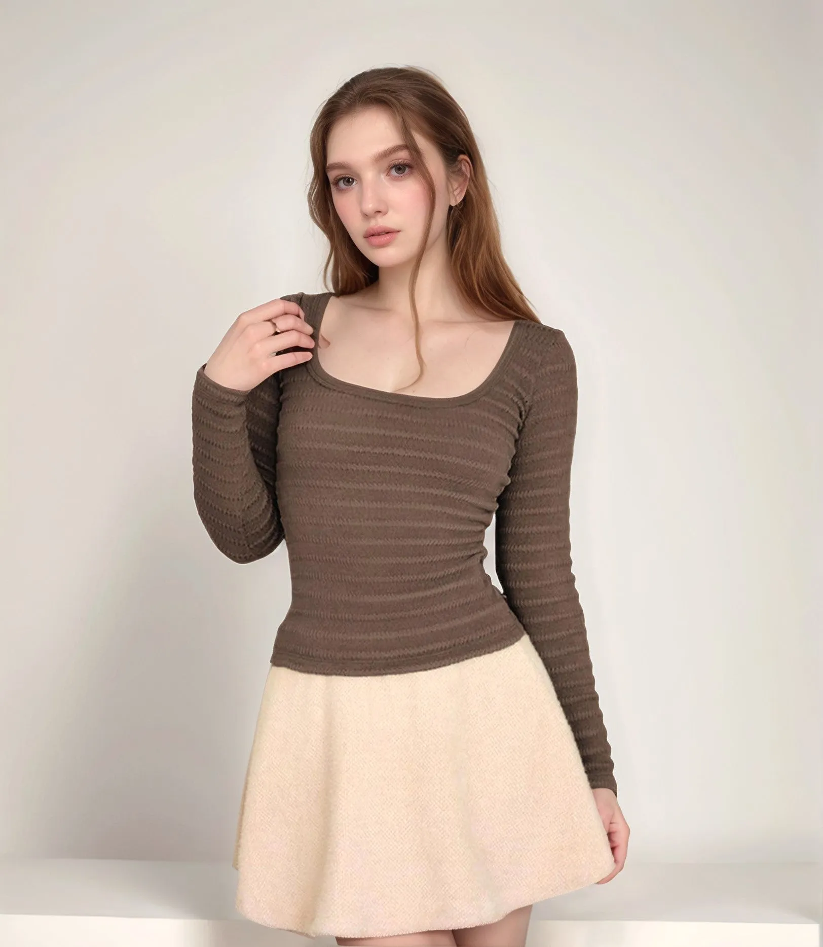 Brown Flat-Knit Textured Top