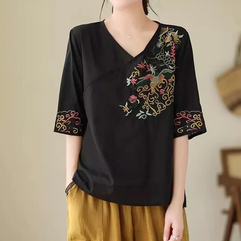 Buddha Stones Casual Colorful embroidery plants bird pattern Women's V-Neck Design Half Sleeve Cotton T-Shirt