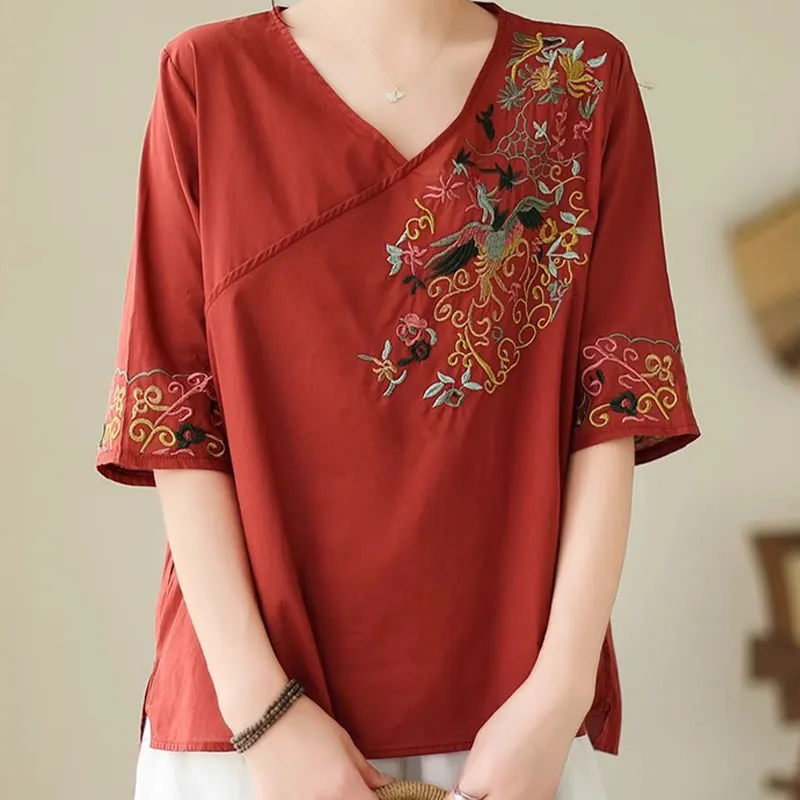 Buddha Stones Casual Colorful embroidery plants bird pattern Women's V-Neck Design Half Sleeve Cotton T-Shirt
