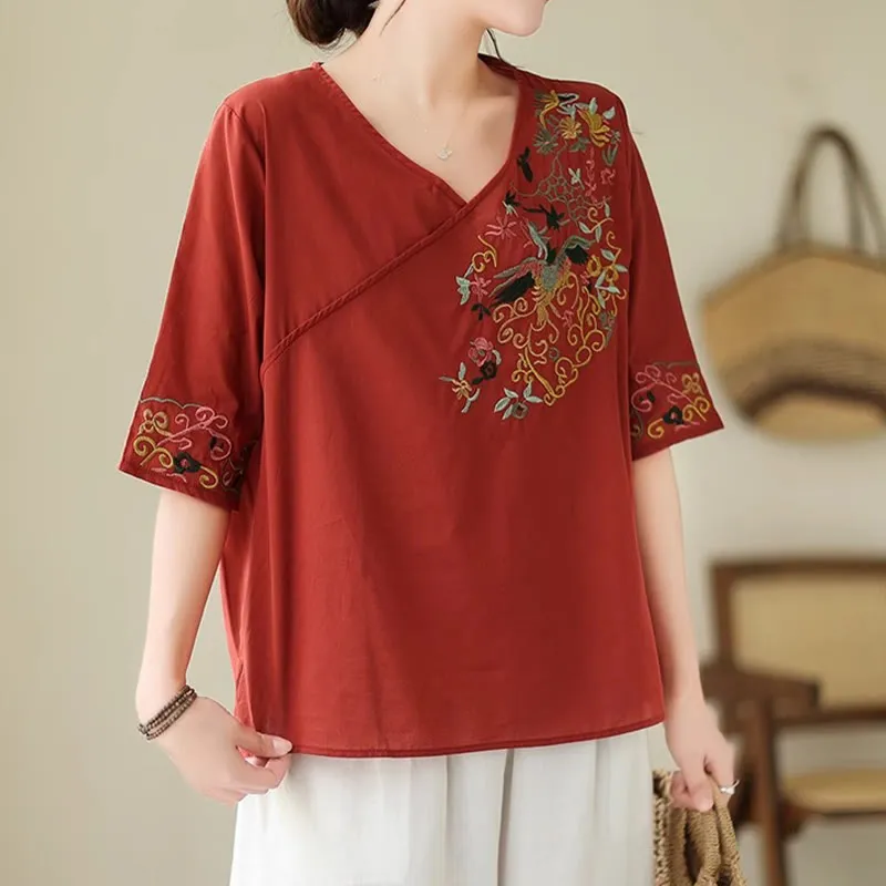Buddha Stones Casual Colorful embroidery plants bird pattern Women's V-Neck Design Half Sleeve Cotton T-Shirt