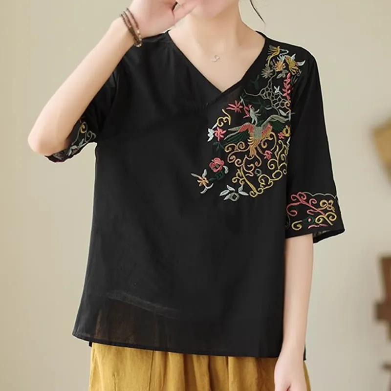 Buddha Stones Casual Colorful embroidery plants bird pattern Women's V-Neck Design Half Sleeve Cotton T-Shirt