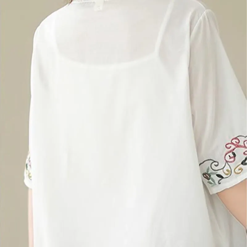 Buddha Stones Casual Colorful embroidery plants bird pattern Women's V-Neck Design Half Sleeve Cotton T-Shirt