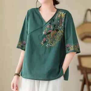 Buddha Stones Casual Colorful embroidery plants bird pattern Women's V-Neck Design Half Sleeve Cotton T-Shirt