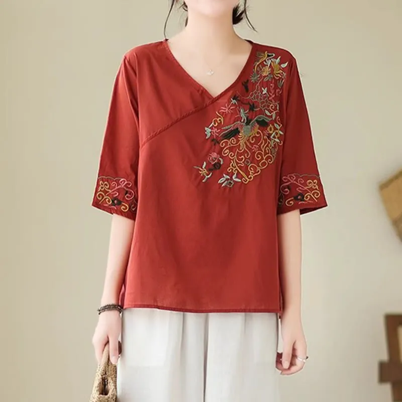 Buddha Stones Casual Colorful embroidery plants bird pattern Women's V-Neck Design Half Sleeve Cotton T-Shirt