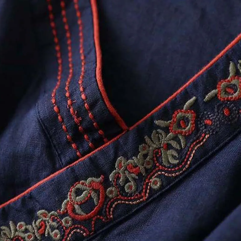 Buddha Stones Casual Embroidered Flowers Slant Collar Strap Long Sleeve Cotton Women's Shirt