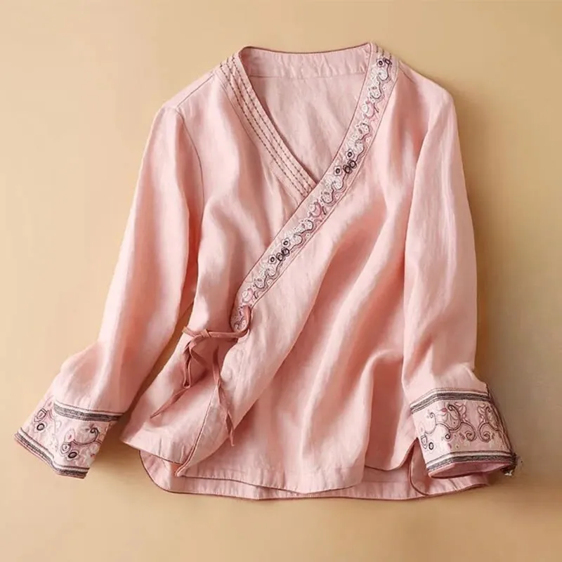 Buddha Stones Casual Embroidered Flowers Slant Collar Strap Long Sleeve Cotton Women's Shirt