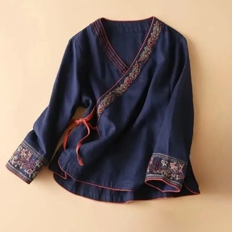 Buddha Stones Casual Embroidered Flowers Slant Collar Strap Long Sleeve Cotton Women's Shirt