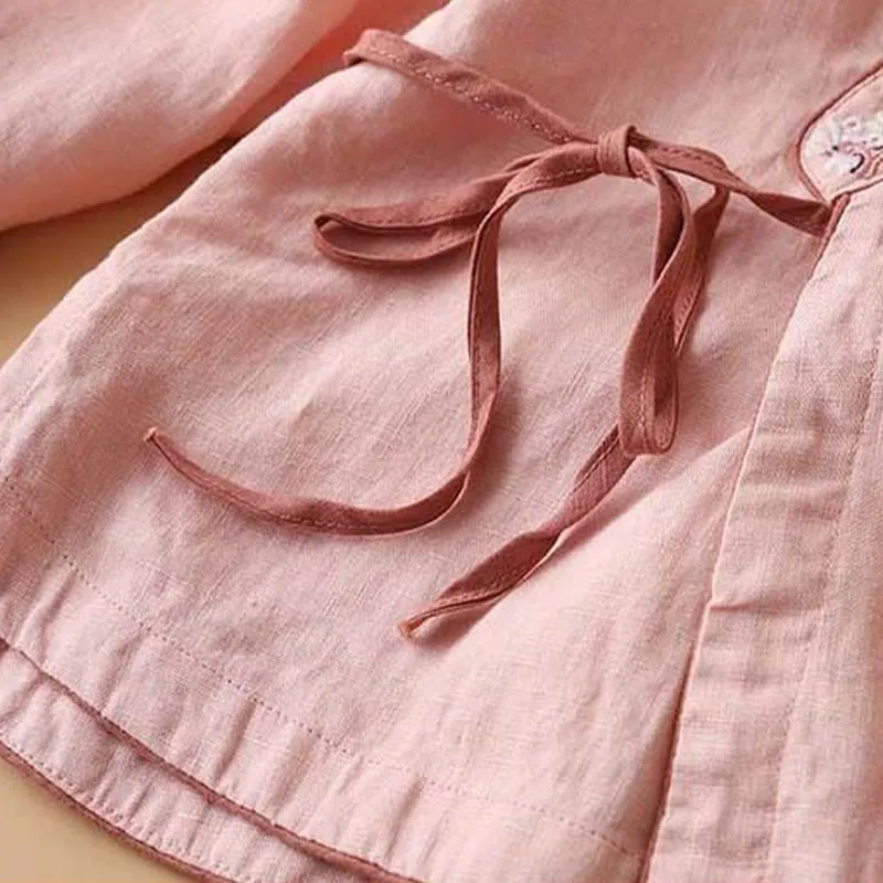 Buddha Stones Casual Embroidered Flowers Slant Collar Strap Long Sleeve Cotton Women's Shirt