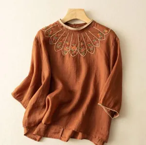 Buddha Stones Casual Embroidered Petals Women's Crew Neck Design Three Quarter Sleeve Cotton Linen T-Shirt