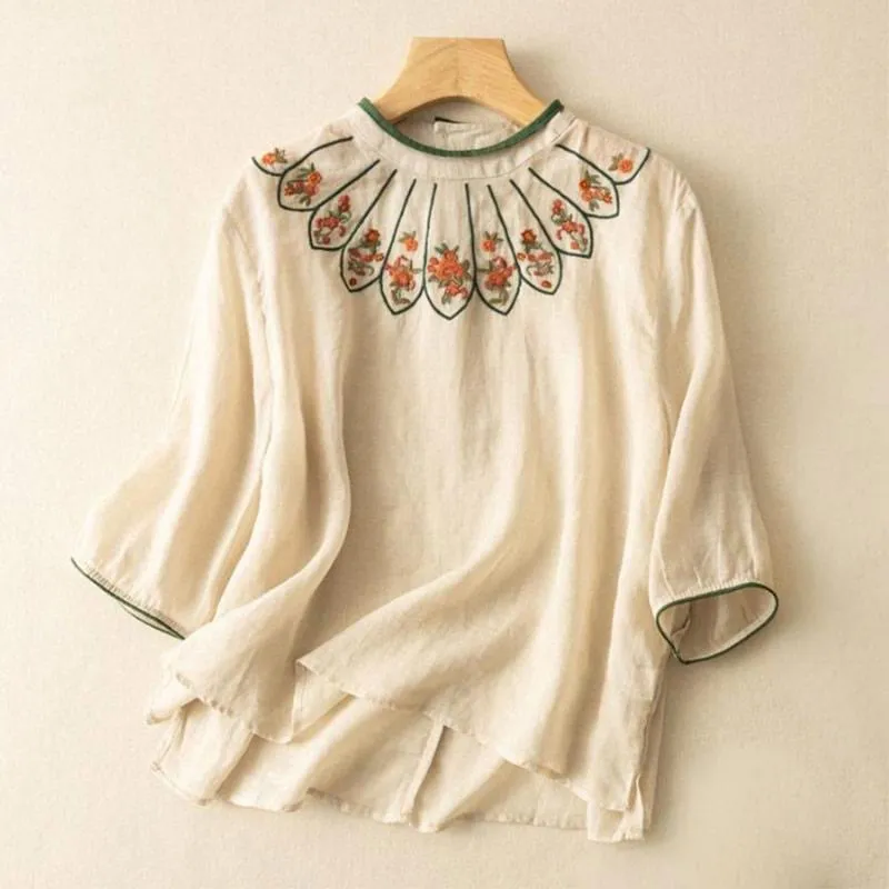 Buddha Stones Casual Embroidered Petals Women's Crew Neck Design Three Quarter Sleeve Cotton Linen T-Shirt