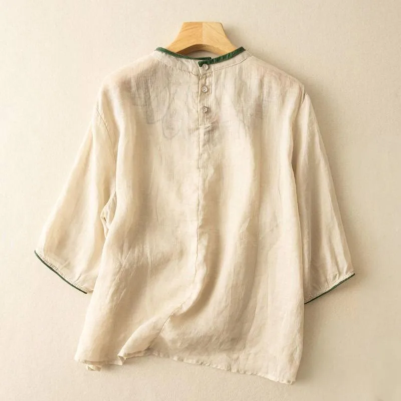 Buddha Stones Casual Embroidered Petals Women's Crew Neck Design Three Quarter Sleeve Cotton Linen T-Shirt