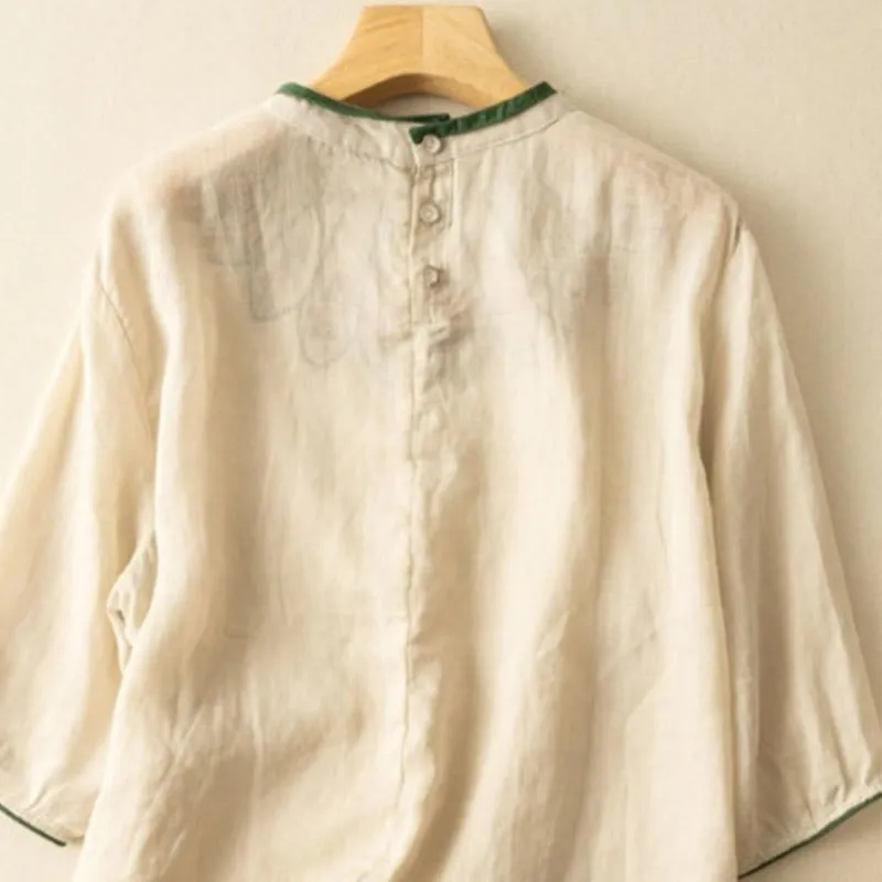 Buddha Stones Casual Embroidered Petals Women's Crew Neck Design Three Quarter Sleeve Cotton Linen T-Shirt