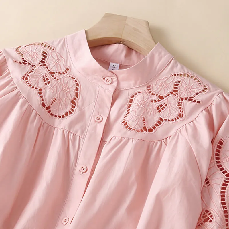 Buddha Stones Casual Embroidery Flower Hole Design Three Quarter Sleeve Cotton Linen Women's Shirt